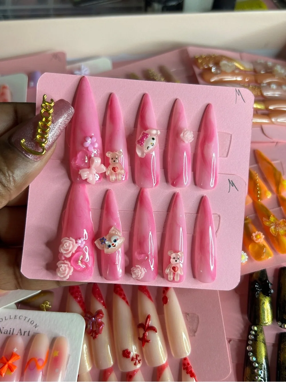Pink Stiletto Press-On Nails with 3D Charms